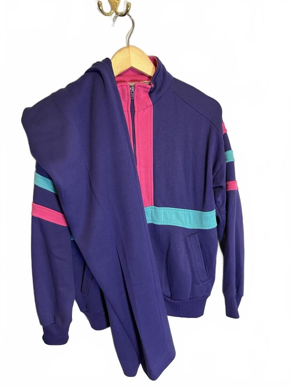 VTG 90s Purple Teal Hot Pink S Sweatshirt Sweatpant Suit Set zip Streetwear